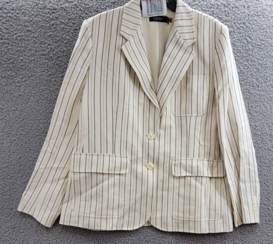 Lauren Ralph Lauren Striped Linen Blend Twill Blazer Women's 18 Cream/Blue L/S