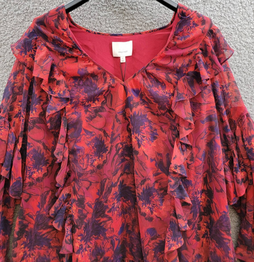 Cinq à Sept Livie Tiered Mini Dress Women's 6 Dark Red Multi Split Neck Pullover