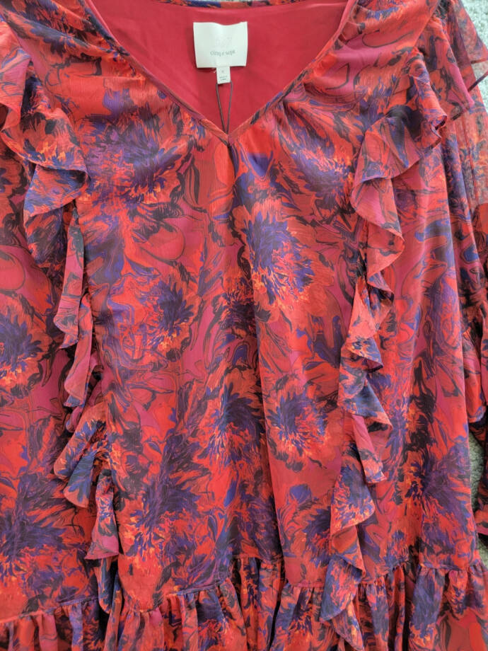 Cinq à Sept Livie Tiered Mini Dress Women's 6 Dark Red Multi Split Neck Pullover