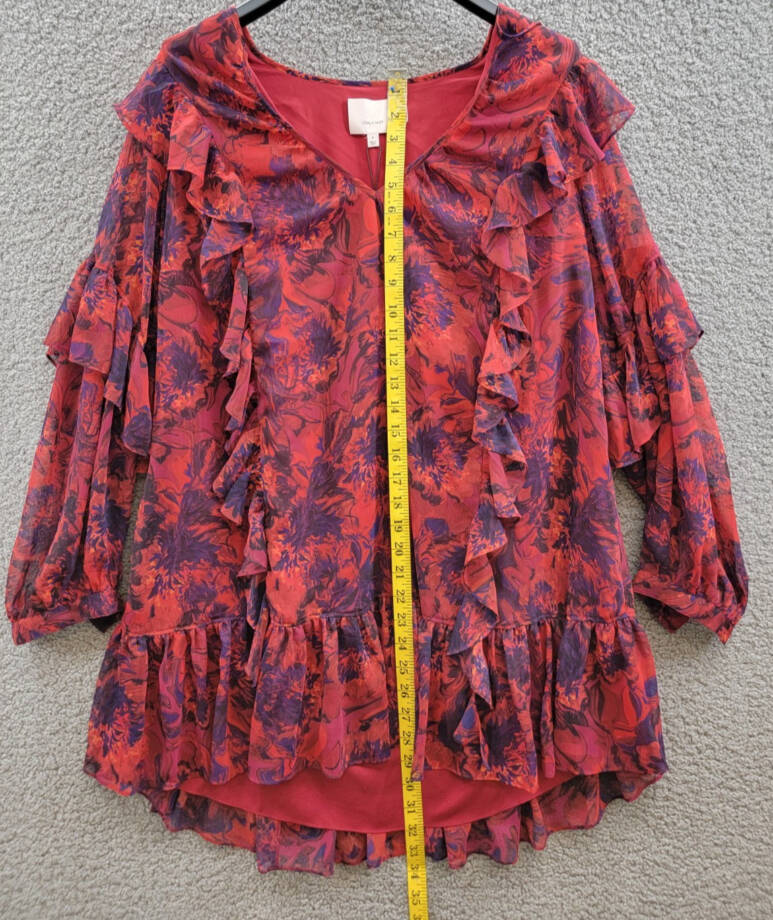 Cinq à Sept Livie Tiered Mini Dress Women's 6 Dark Red Multi Split Neck Pullover