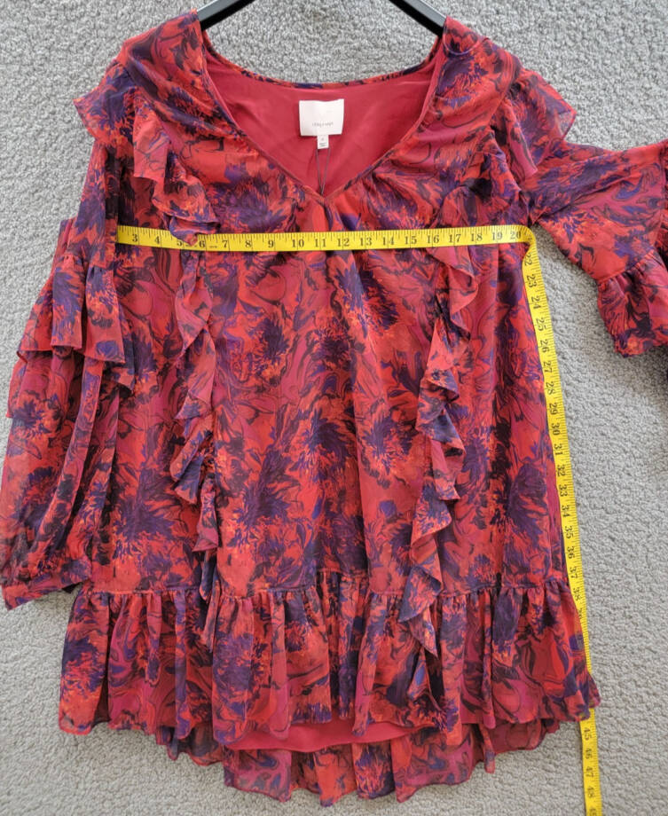 Cinq à Sept Livie Tiered Mini Dress Women's 6 Dark Red Multi Split Neck Pullover