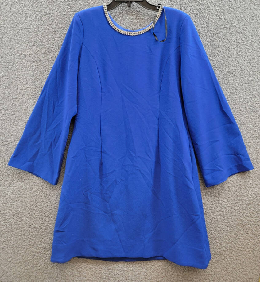 Tahari ASL Rhinestone Trim Shift Dress Women's 14 Cobalt Long Sleeve Zip/Button