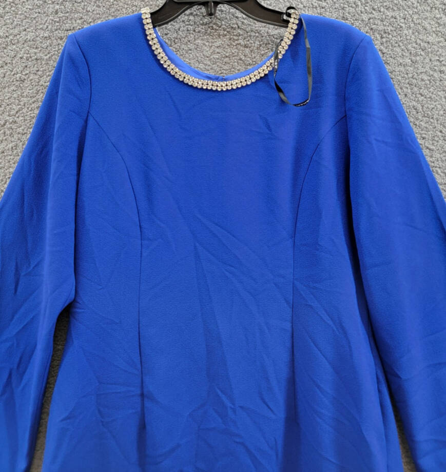 Tahari ASL Rhinestone Trim Shift Dress Women's 14 Cobalt Long Sleeve Zip/Button