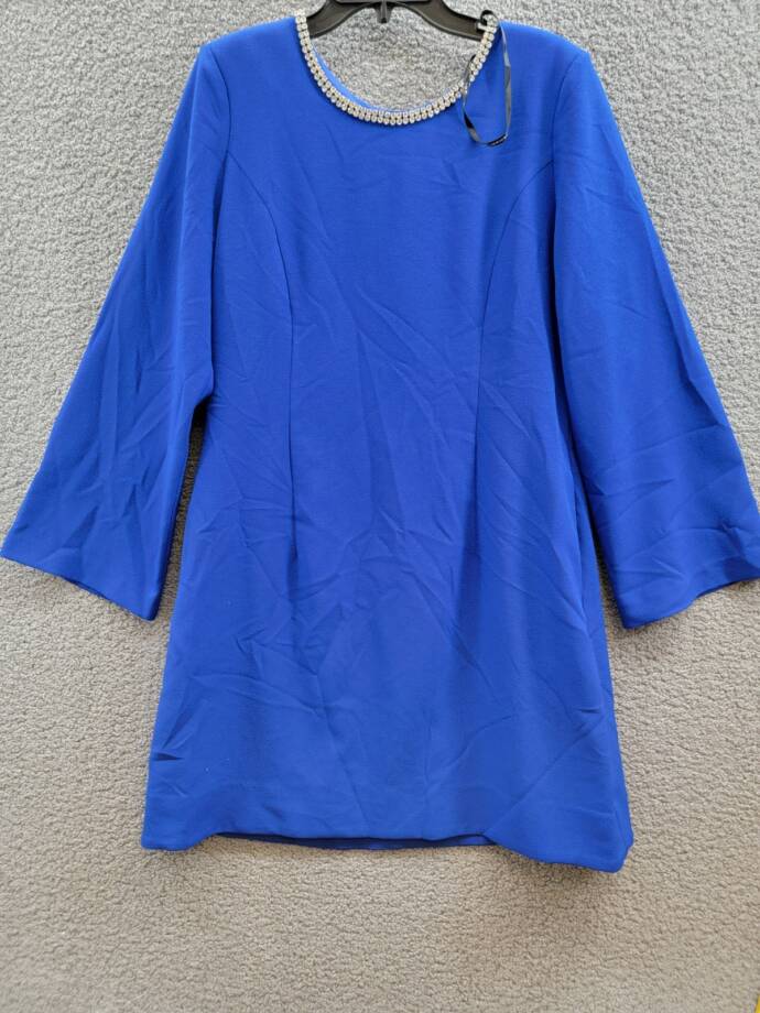 Tahari ASL Rhinestone Trim Shift Dress Women's 14 Cobalt Long Sleeve Zip/Button