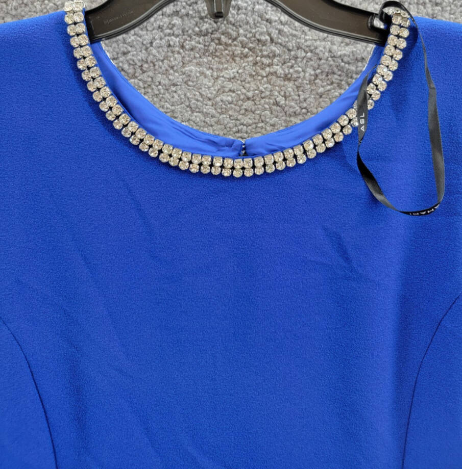 Tahari ASL Rhinestone Trim Shift Dress Women's 14 Cobalt Long Sleeve Zip/Button