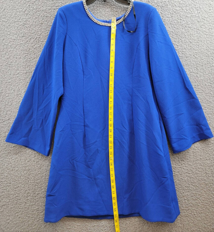 Tahari ASL Rhinestone Trim Shift Dress Women's 14 Cobalt Long Sleeve Zip/Button