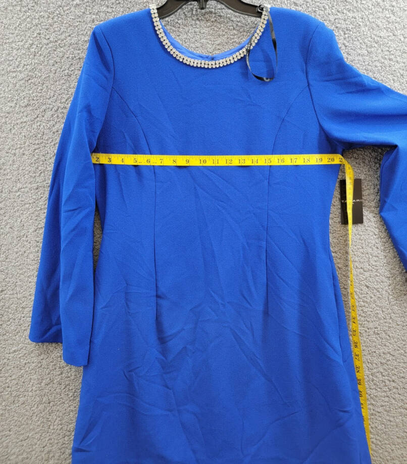 Tahari ASL Rhinestone Trim Shift Dress Women's 14 Cobalt Long Sleeve Zip/Button