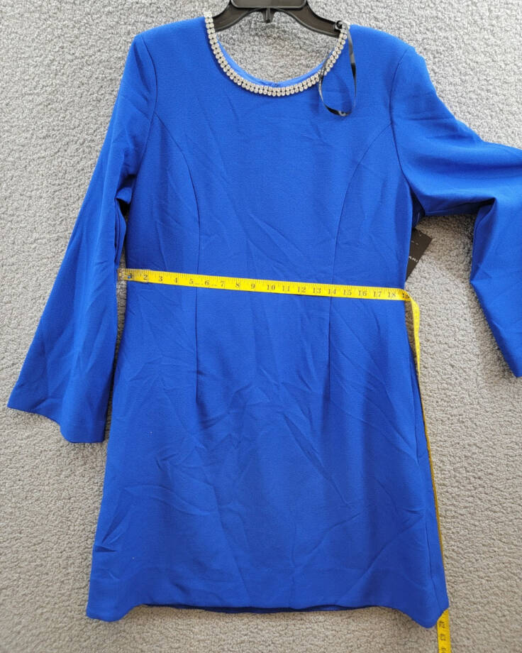 Tahari ASL Rhinestone Trim Shift Dress Women's 14 Cobalt Long Sleeve Zip/Button
