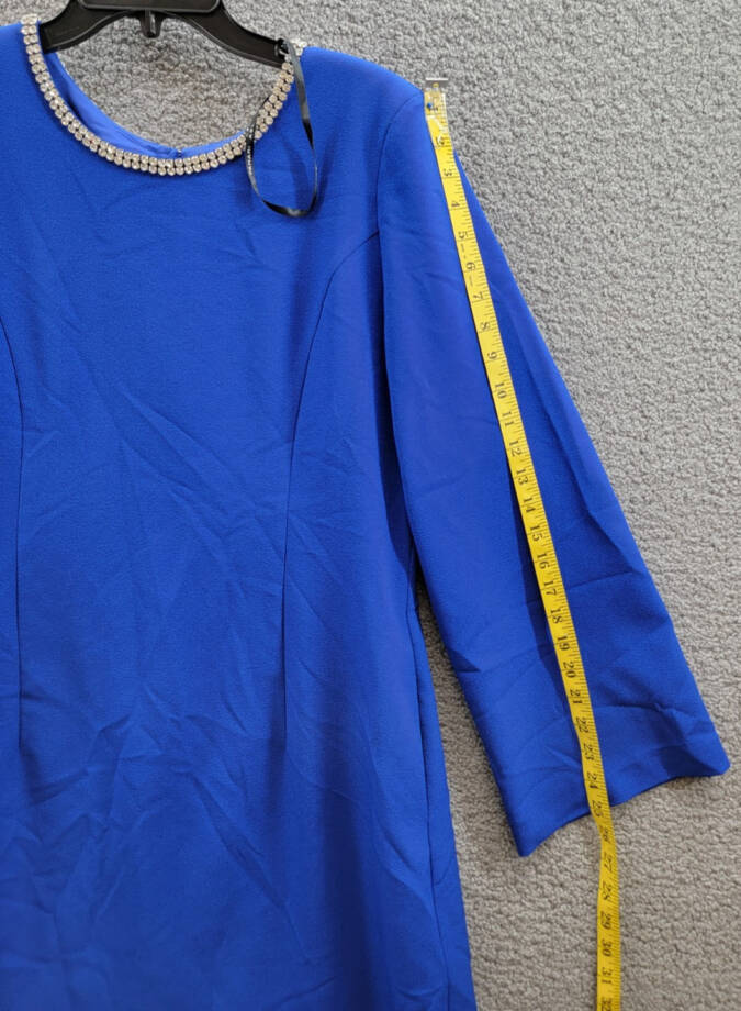 Tahari ASL Rhinestone Trim Shift Dress Women's 14 Cobalt Long Sleeve Zip/Button
