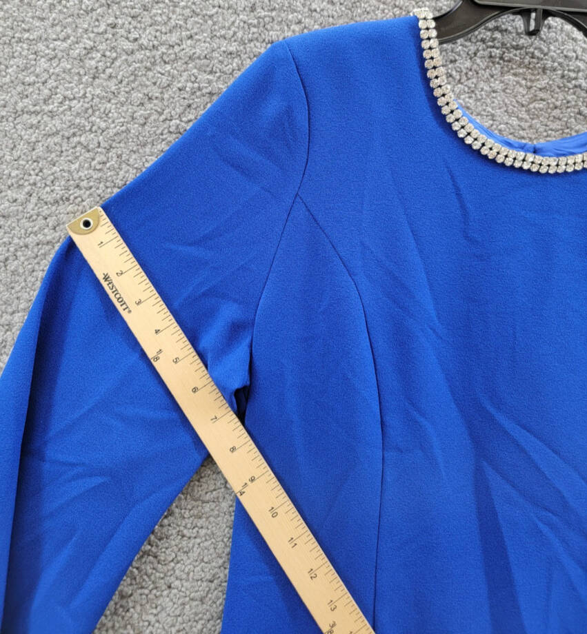 Tahari ASL Rhinestone Trim Shift Dress Women's 14 Cobalt Long Sleeve Zip/Button