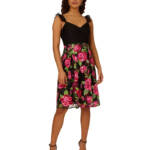 Adrianna Papell Rose-Embroidered-Mesh Dress Women's 6 Pink Green Multi Back Zip