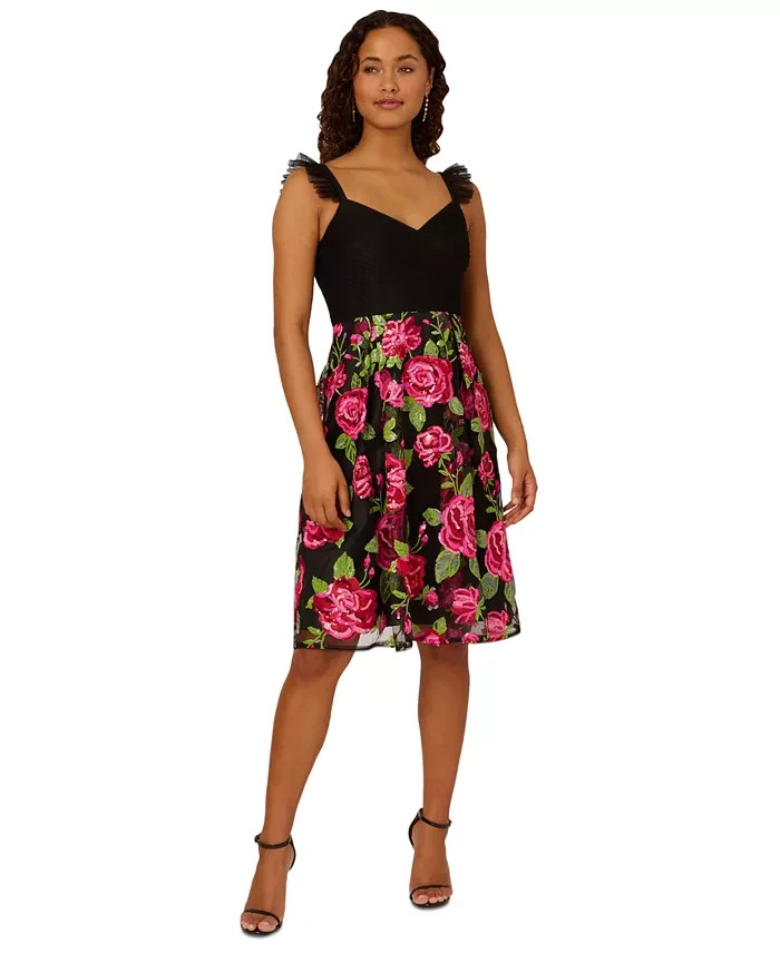 Adrianna Papell Rose-Embroidered-Mesh Dress Women's 6 Pink Green Multi Back Zip