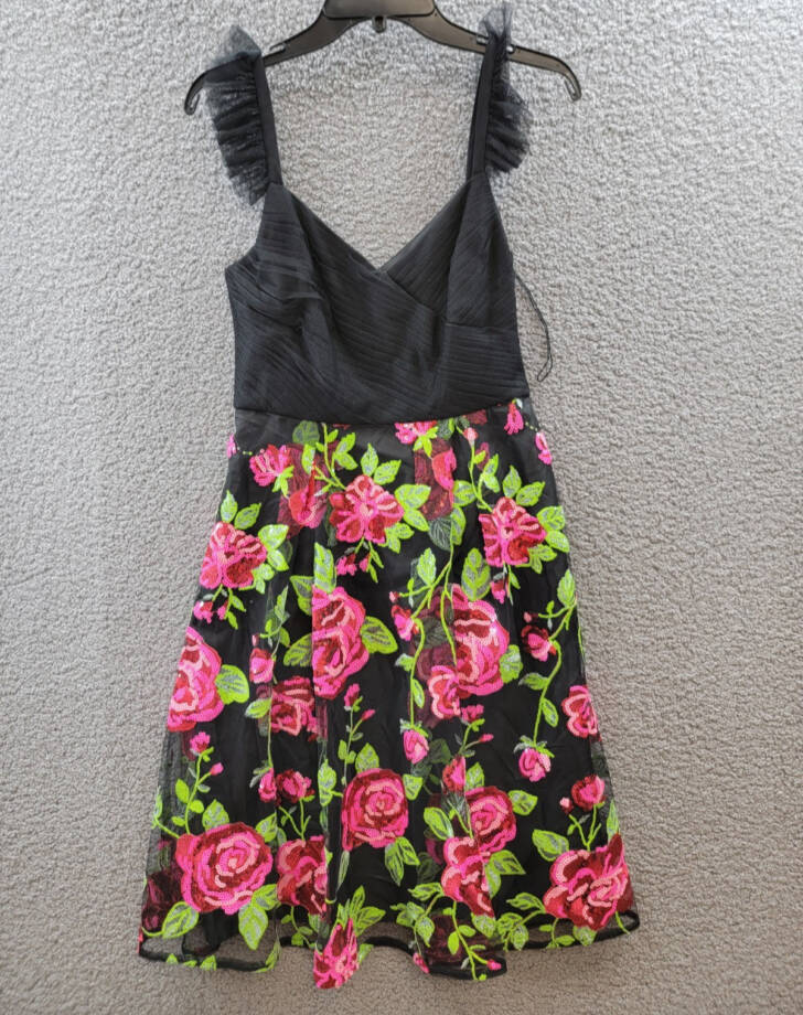 Adrianna Papell Rose-Embroidered-Mesh Dress Women's 6 Pink Green Multi Back Zip