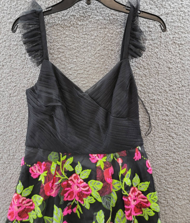 Adrianna Papell Rose-Embroidered-Mesh Dress Women's 6 Pink Green Multi Back Zip