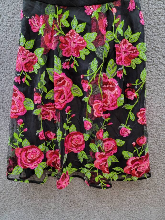 Adrianna Papell Rose-Embroidered-Mesh Dress Women's 6 Pink Green Multi Back Zip