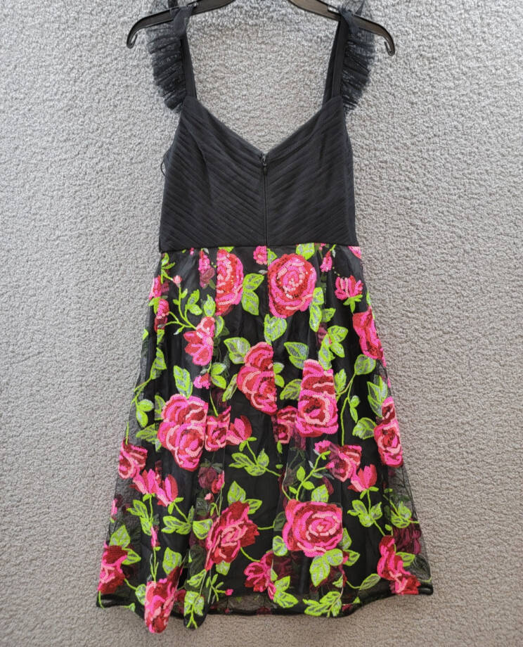 Adrianna Papell Rose-Embroidered-Mesh Dress Women's 6 Pink Green Multi Back Zip