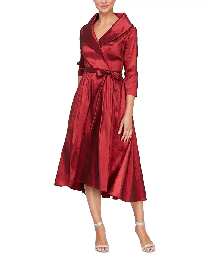 Alex Evenings Belted Portrait-Collar Taffeta Dress Women's 16 Wine 3/4 Sleeve