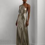 Lauren Ralph Lauren One-Shoulder Metallic Chiffon Gown Women's 18 Pewter/Silver