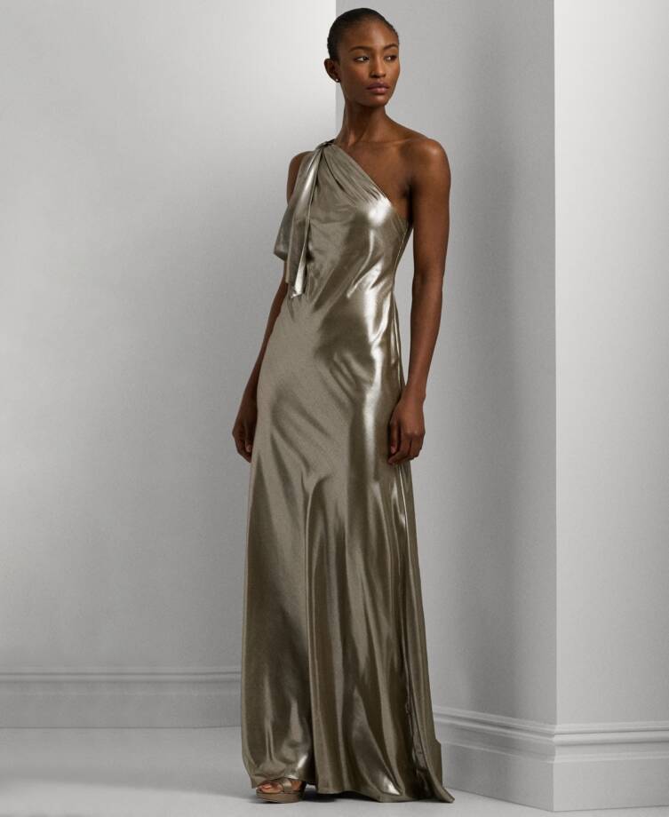 Lauren Ralph Lauren One-Shoulder Metallic Chiffon Gown Women's 18 Pewter/Silver