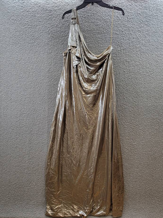Lauren Ralph Lauren One-Shoulder Metallic Chiffon Gown Women's 18 Pewter/Silver