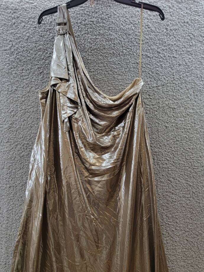 Lauren Ralph Lauren One-Shoulder Metallic Chiffon Gown Women's 18 Pewter/Silver