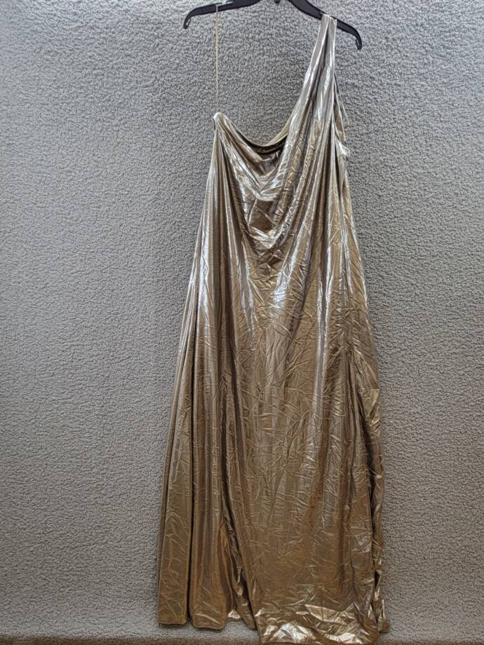 Lauren Ralph Lauren One-Shoulder Metallic Chiffon Gown Women's 18 Pewter/Silver