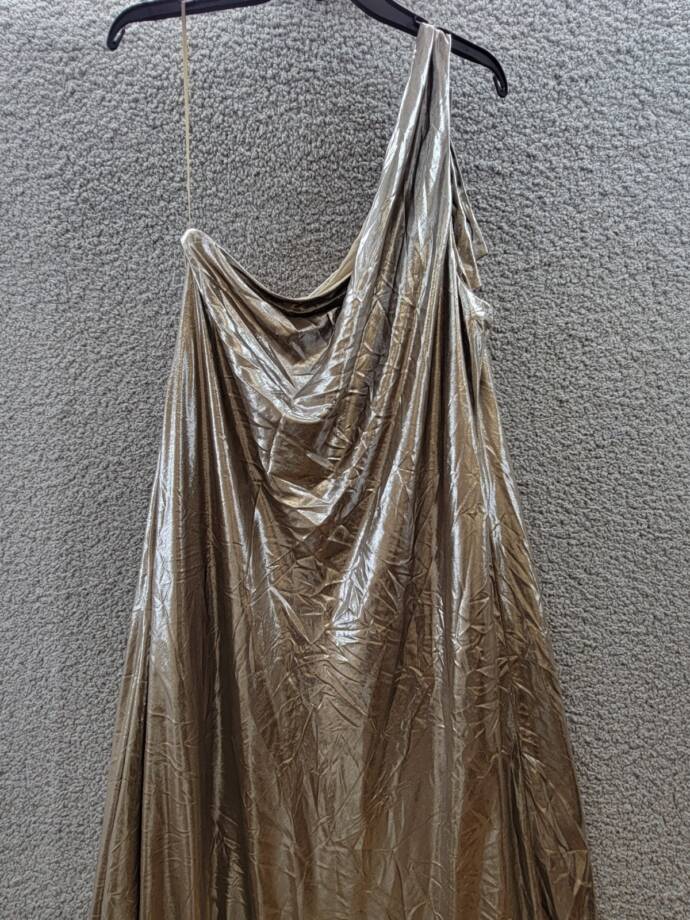 Lauren Ralph Lauren One-Shoulder Metallic Chiffon Gown Women's 18 Pewter/Silver