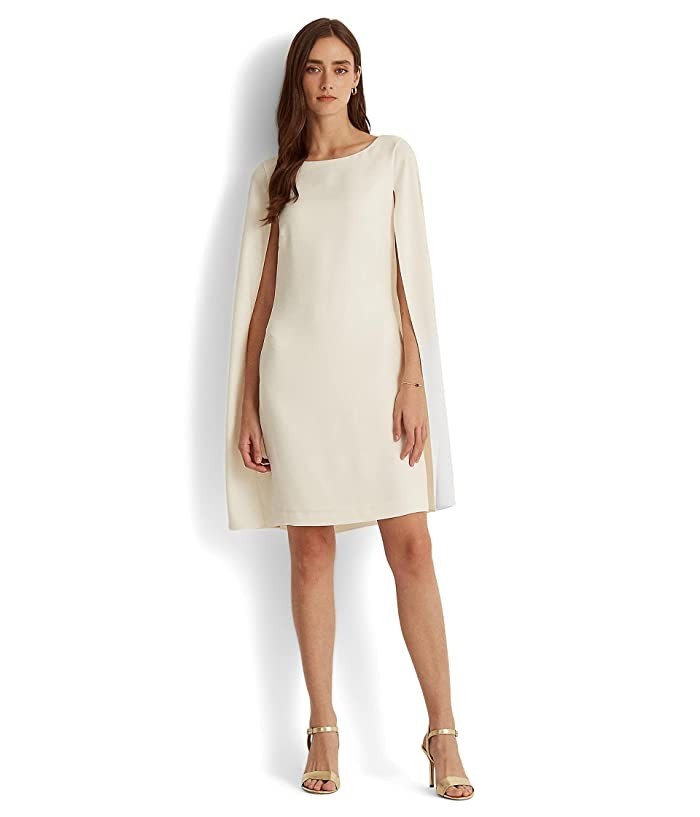 Lauren Ralph Lauren Georgette Cape Dress Women's 2 Winter Cream Side Zip Closure