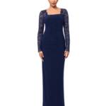B&A By Betsy & Adam Lace-Sleeve Square-Neck Gown Women's 14 Navy Zip Closure~
