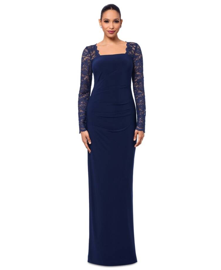 B&A By Betsy & Adam Lace-Sleeve Square-Neck Gown Women's 14 Navy Zip Closure~