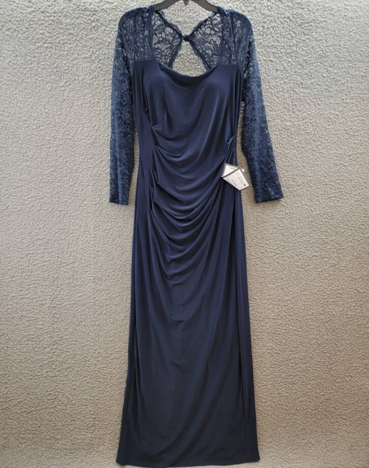 B&A By Betsy & Adam Lace-Sleeve Square-Neck Gown Women's 14 Navy Zip Closure~
