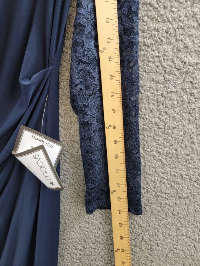 B&A By Betsy & Adam Lace-Sleeve Square-Neck Gown Women's 14 Navy Zip Closure~