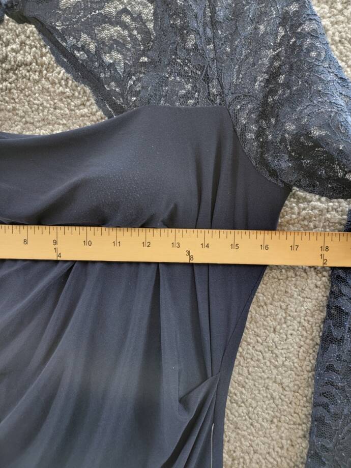 B&A By Betsy & Adam Lace-Sleeve Square-Neck Gown Women's 14 Navy Zip Closure~