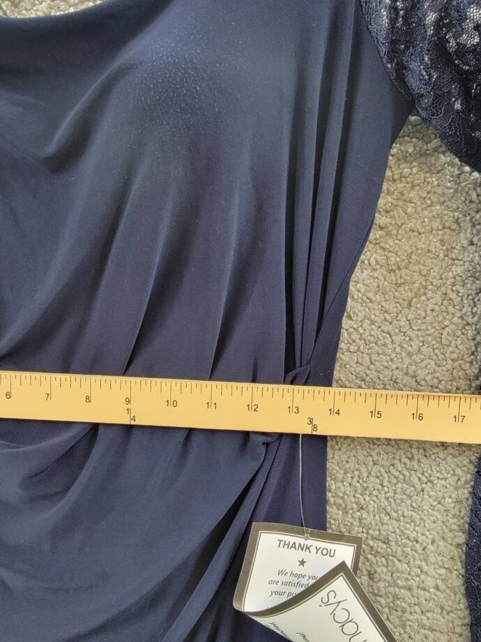B&A By Betsy & Adam Lace-Sleeve Square-Neck Gown Women's 14 Navy Zip Closure~