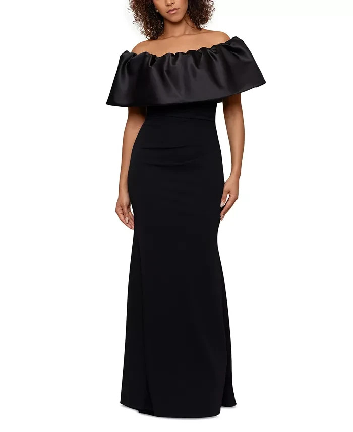Betsy & Adam Off-The-Shoulder Ruffled Gown Women's 4 Black Back Zip Closure