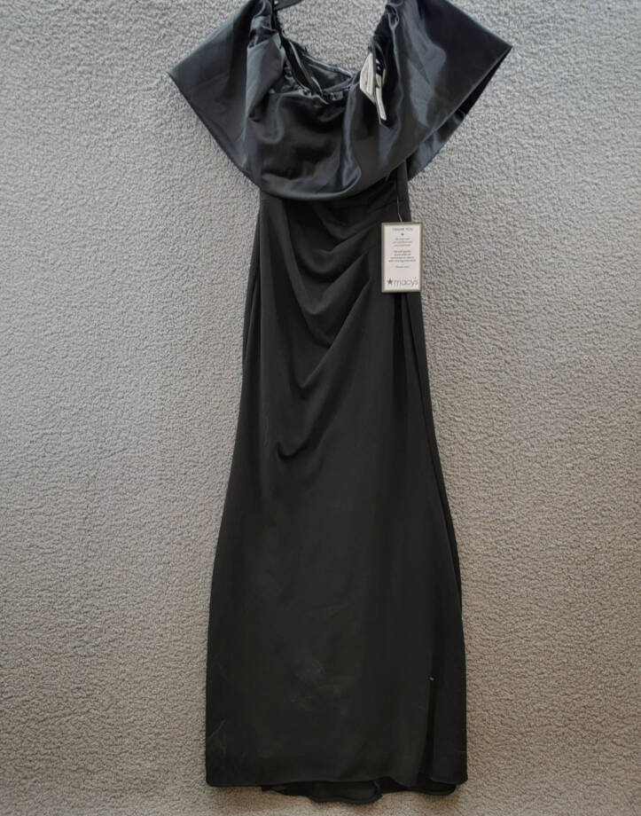 Betsy & Adam Off-The-Shoulder Ruffled Gown Women's 4 Black Back Zip Closure