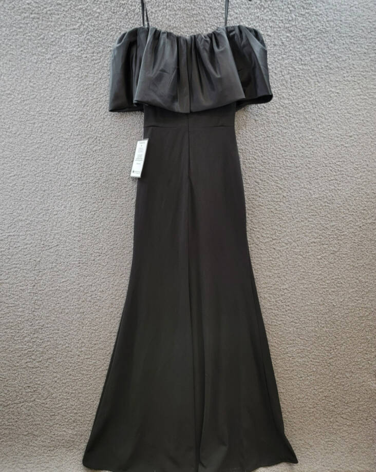 Betsy & Adam Off-The-Shoulder Ruffled Gown Women's 4 Black Back Zip Closure