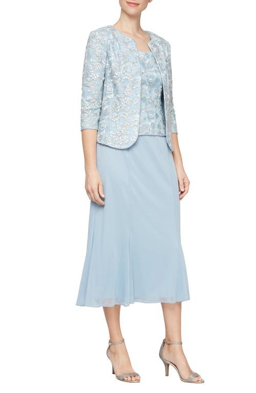 Alex Evenings Embroidered Jacket & Dress Women's 16 Light Blue 3/4 Sleeve~