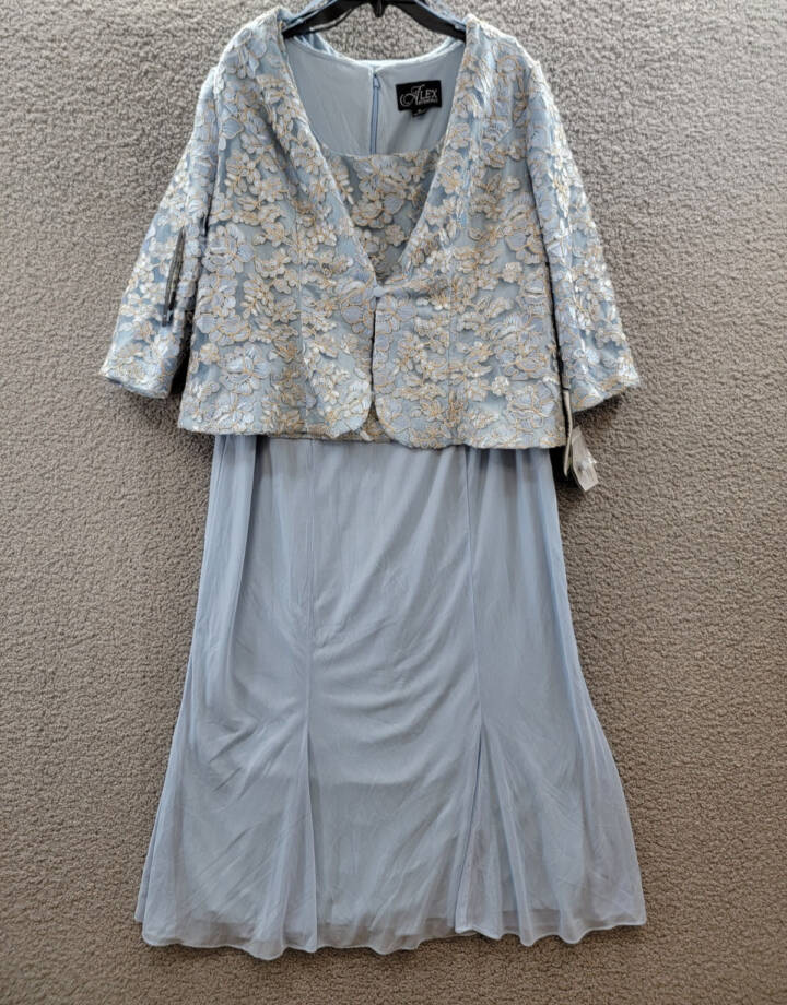 Alex Evenings Embroidered Jacket & Dress Women's 16 Light Blue 3/4 Sleeve~