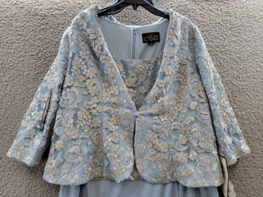 Alex Evenings Embroidered Jacket & Dress Women's 16 Light Blue 3/4 Sleeve~
