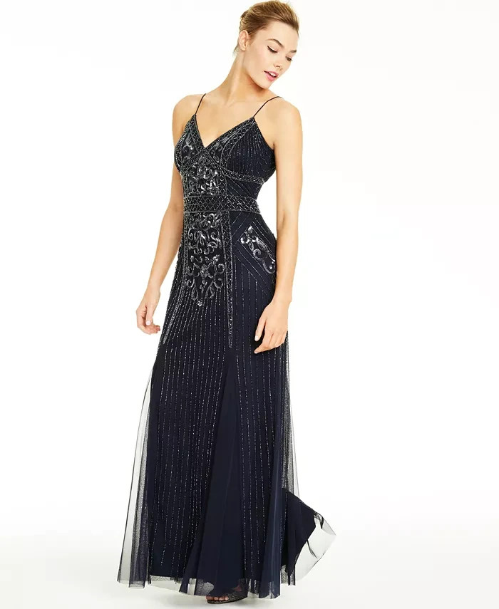 Jump Embellished Gown Juniors' 3/4 Navy V-Neck Sleeveless Back Zipper Closure