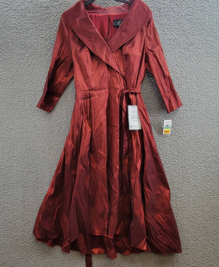 Alex Evenings Belted Portrait-Collar Taffeta Dress Women's 16 Wine 3/4 Sleeve