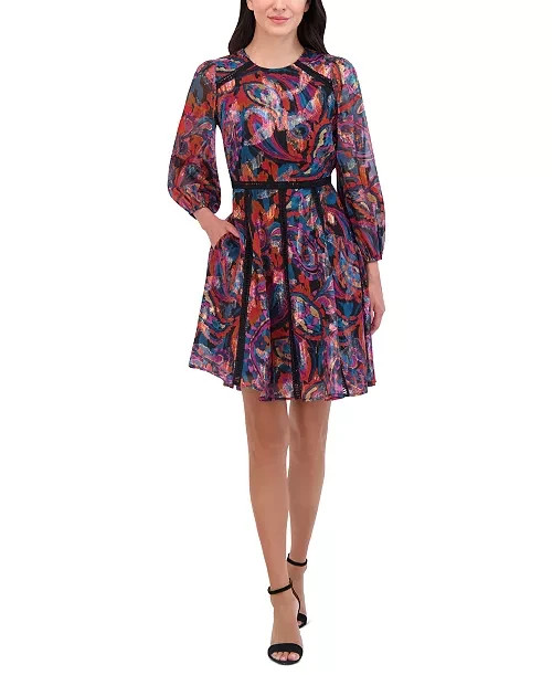 Vince Camuto Metallic Chiffon Fit & Flare Dress Women's 14 Red Multi Zip Closure