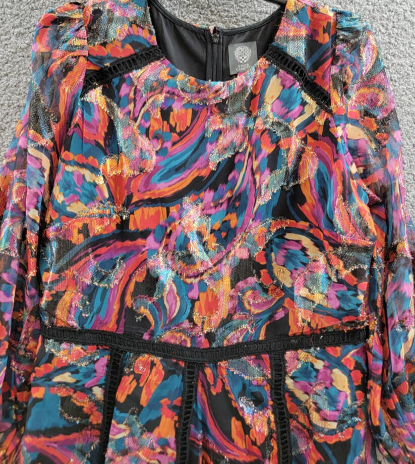 Vince Camuto Metallic Chiffon Fit & Flare Dress Women's 14 Red Multi Zip Closure
