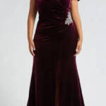 Alex Evenings Velvet Off-The-Shoulder Evening Gown Women's 16W Wine Back Zip