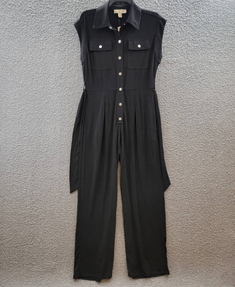 Michael Michael Kors Snap-Front Utility Jumpsuit Women's S Black Black Tie Waist