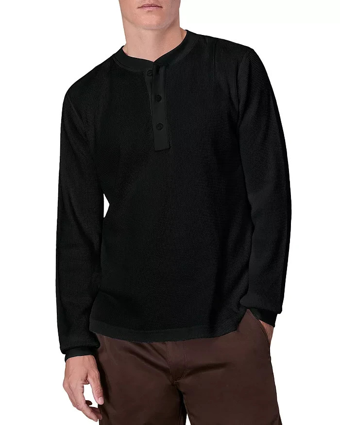 rag & bone Waffle Knit Henley Shirt Men's S Black Solid Long Sleeve Pullover