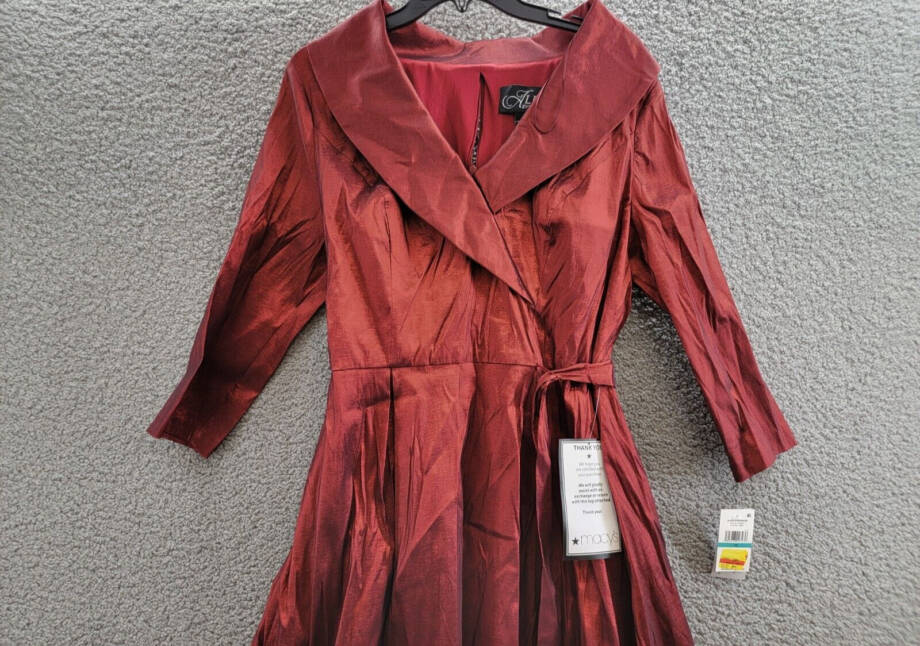 Alex Evenings Belted Portrait-Collar Taffeta Dress Women's 16 Wine 3/4 Sleeve