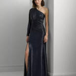 Lauren Ralph Lauren Metallic Knit One-Shoulder Gown Women's 8 Navy Side Zip