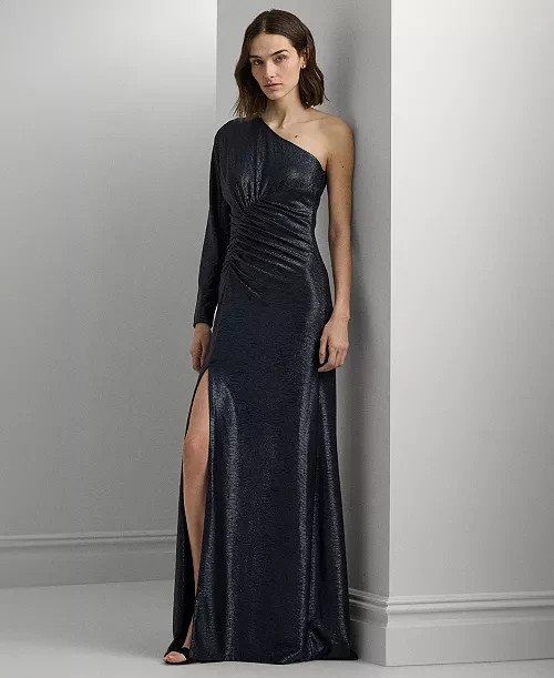 Lauren Ralph Lauren Metallic Knit One-Shoulder Gown Women's 8 Navy Side Zip